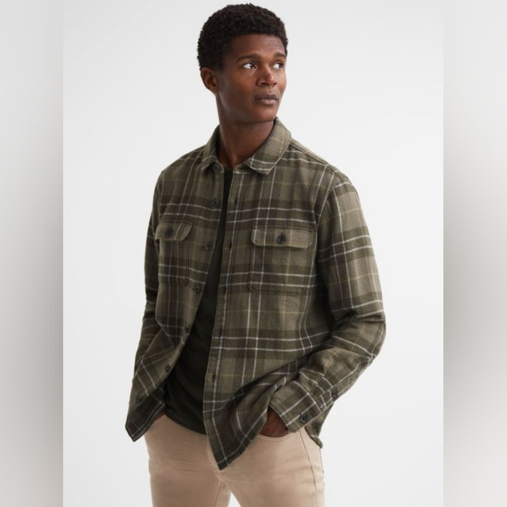 Paige - Wilbur Cotton Checked Twin Pocket Overshirt in Dusty Pine - Size M